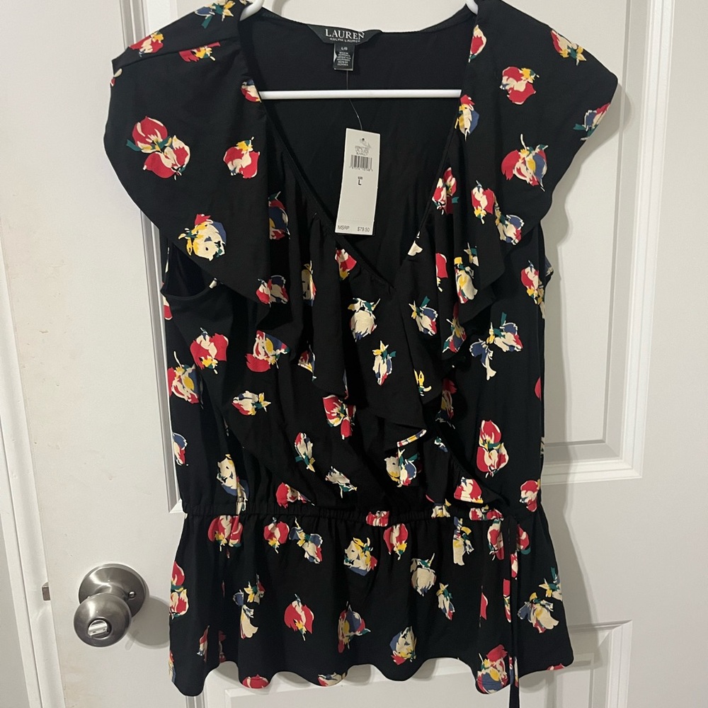 Ralph Lauren black label ruffle black floral blouse‎ NWT
